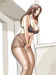Hentai housewife in thin pantyhose giving a sexy view of her assets