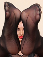 Stunning brunette Goddess Ambra shows her perfect feet in black back-seams pantyhose
